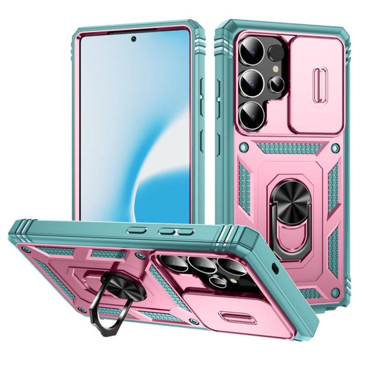 For Samsung Galaxy S25 Ultra 5G Sliding Camshield TPU Hybrid PC Phone Case with Holder(Green+Pink) - Galaxy S25 Ultra 5G Cases by PMC Jewellery | Online Shopping South Africa | PMC Jewellery | Buy Now Pay Later Mobicred