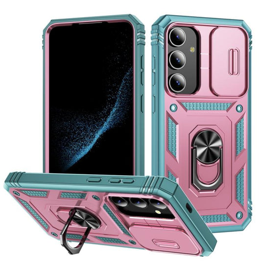 For Samsung Galaxy S25+ 5G Sliding Camshield TPU Hybrid PC Phone Case with Holder(Pink+Green) - Galaxy S25+ 5G Cases by PMC Jewellery | Online Shopping South Africa | PMC Jewellery | Buy Now Pay Later Mobicred