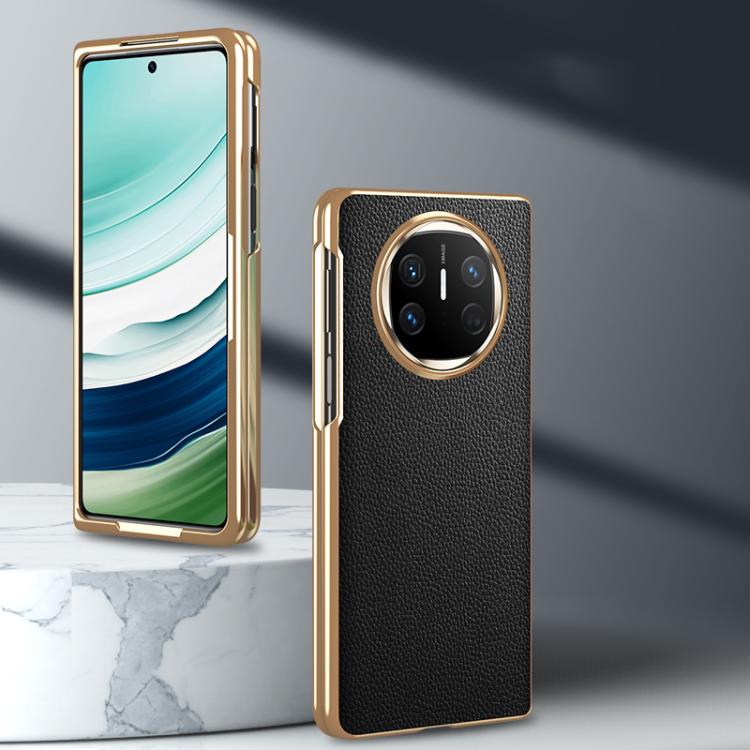 For Huawei Mate X6 Electroplated Litchi Pattern Phone Leather Case with Glass Lens(Coffee) - Huawei Cases by PMC TechLife | Online Shopping South Africa | PMC TechLife | Buy Now Pay Later Mobicred