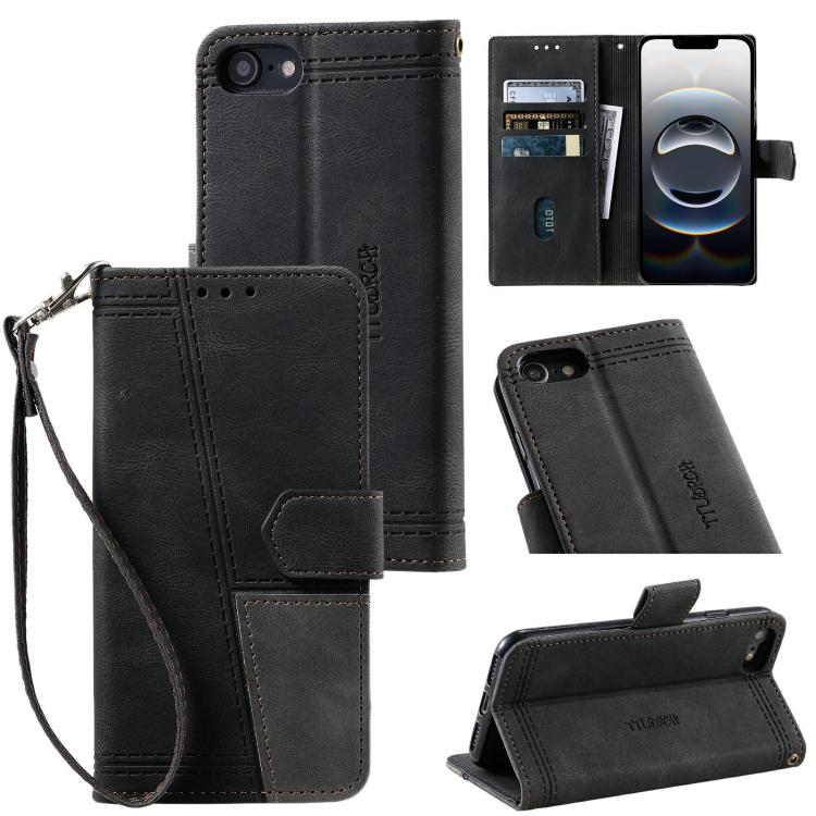 For iPhone 16e TTUDRCH Embossed Line Splicing Leather Phone Case(Black) - iPhone 16e Cases by PMC TechLife | Online Shopping South Africa | PMC TechLife | Buy Now Pay Later Mobicred