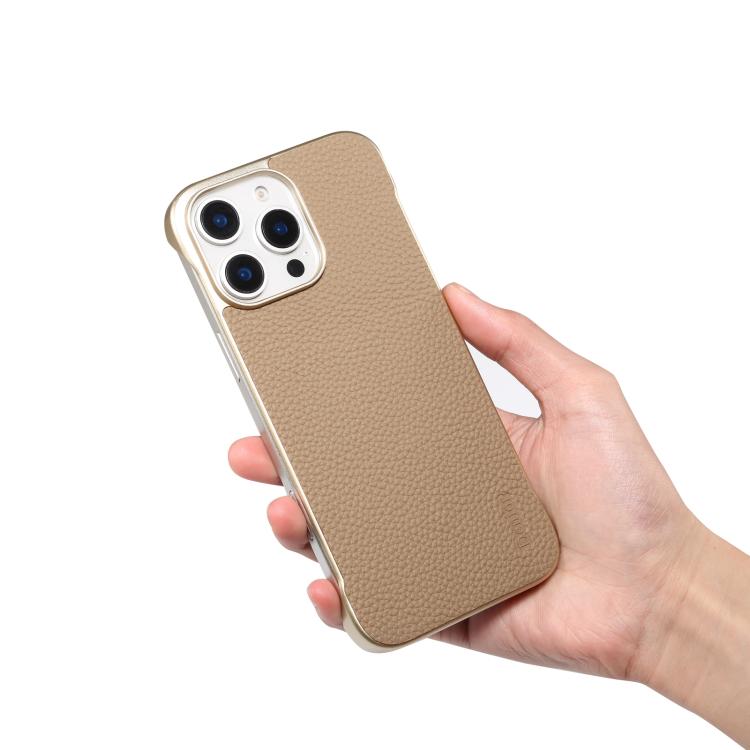 For iPhone 14 Pro Denior A20 Genuine Leather Litchi Texture MagSafe Frameless Phone Case(Khaki) - free shipping - PMc TechLife - Order now!