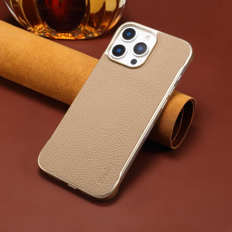 For iPhone 14 Pro Max Denior A20 Genuine Leather Litchi Texture MagSafe Frameless Phone Case(Khaki) - free shipping - PMc TechLife - Order now!