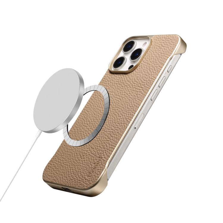 For iPhone 14 Pro Max Denior A20 Genuine Leather Litchi Texture MagSafe Frameless Phone Case(Khaki) - free shipping - PMc TechLife - Order now!
