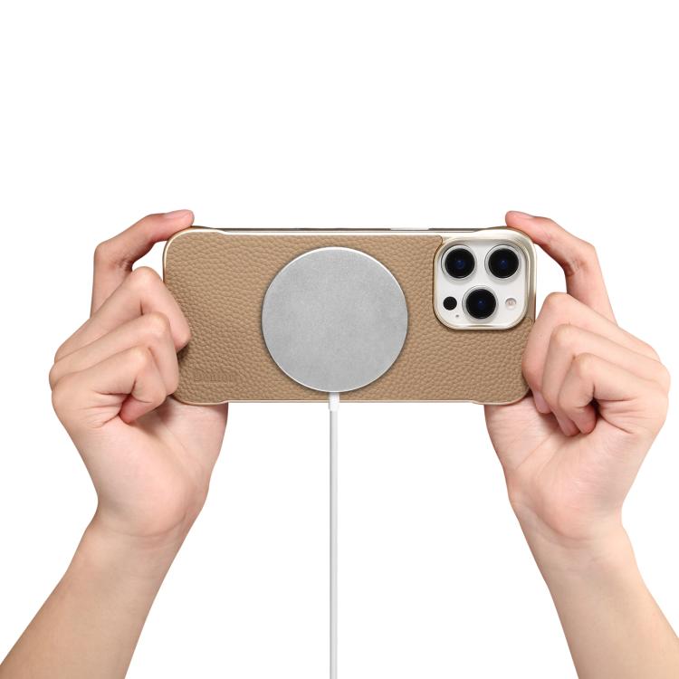 For iPhone 14 Pro Max Denior A20 Genuine Leather Litchi Texture MagSafe Frameless Phone Case(Khaki) - free shipping - PMc TechLife - Order now!