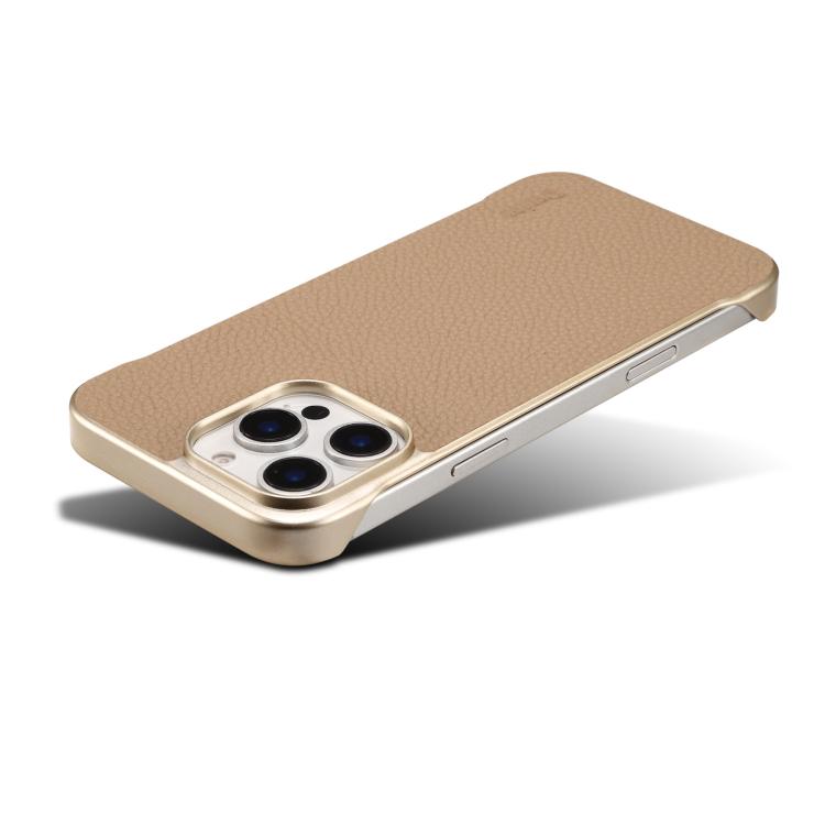 For iPhone 16 Pro Max Denior A20 Genuine Leather Litchi Texture MagSafe Frameless Phone Case(Khaki) - free shipping - PMc TechLife - Order now!