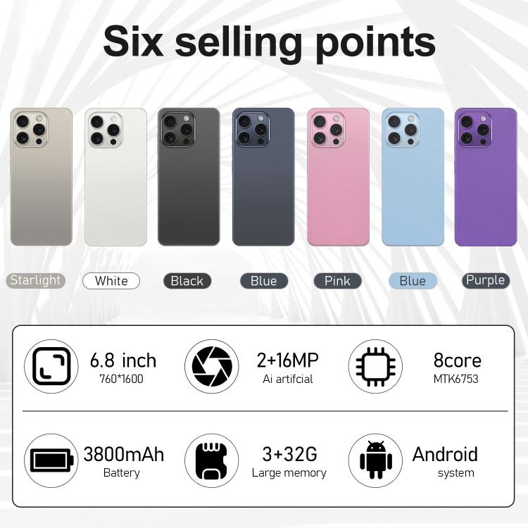 I16 Pro Max / VD1, 3GB+32GB, 6.8 inch Android 10 MTK6753 Octa Core, Network: 4G, Dual SIM, Plug:US Plug(Pink) - free shipping - PMc TechLife - Order now!
