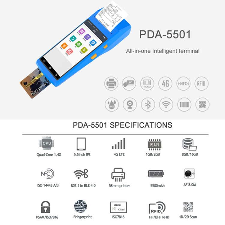 PDA-5501 Multi-function 5.5 inch IPS Screen IP65 Protection All-in-one Intelligent Terminal, Built-in Thermal Line Printer & MIC & Speaker, Support WiFi & Bluetooth & GPS(Black) - Receipt Printers by PMc TechLife | Online Shopping South Africa | PMc TechLife | Buy Now Pay Later Mobicred