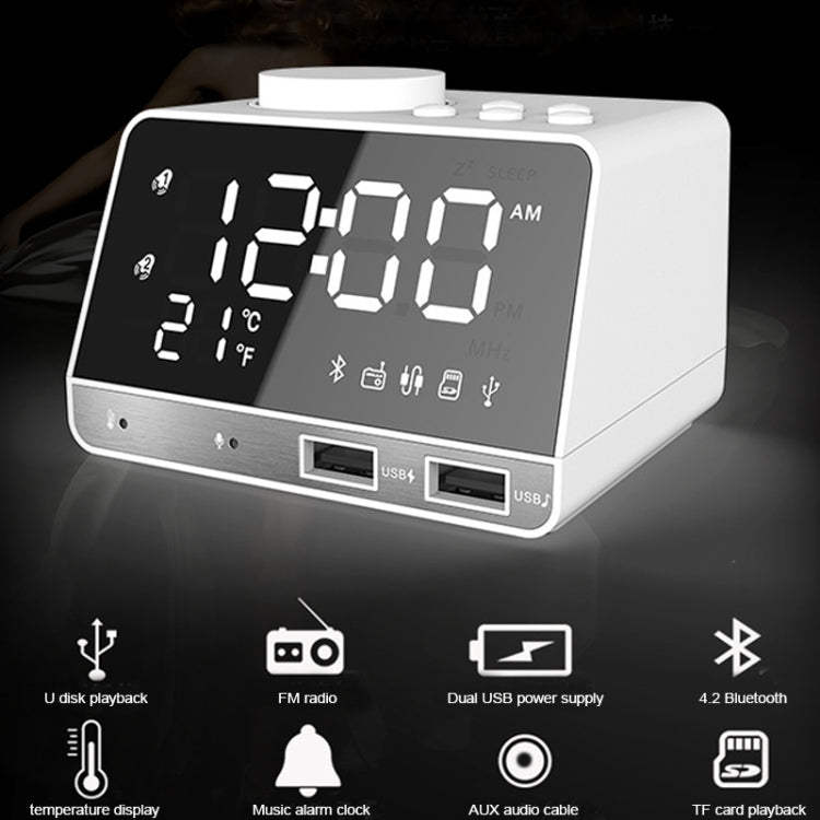 K11 Bluetooth Alarm Clock Speaker Creative Digital Music Clock Display Radio with Dual USB Interface, Support U Disk / TF Card / FM / AUX, EU Plug(White) - Alarm Clocks by PMc TechLife | Online Shopping South Africa | PMc TechLife | Buy Now Pay Later Mobicred