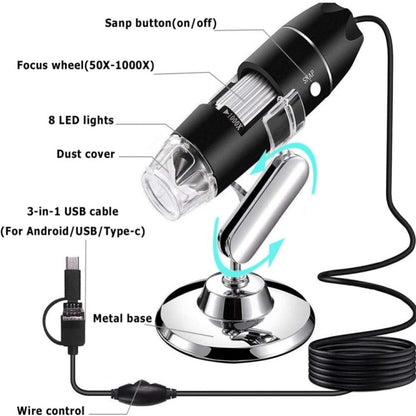 1600X Magnifier HD Image Sensor 3 in 1 USB Digital Microscope with 8 LED & Professional Stand (Black) - Digital Microscope by PMC Jewellery | Online Shopping South Africa | PMC Jewellery | Buy Now Pay Later Mobicred