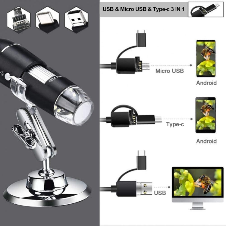 1600X Magnifier HD Image Sensor 3 in 1 USB Digital Microscope with 8 LED & Professional Stand (Black) - Digital Microscope by PMC Jewellery | Online Shopping South Africa | PMC Jewellery | Buy Now Pay Later Mobicred