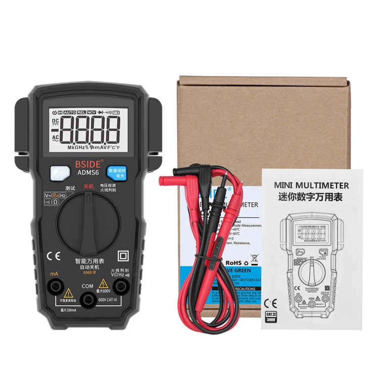 BSIDE ADMS6 High-precision Fully Automatic Small Digital Intelligent Multimeter with HD Digital Display & Shockproof Cover, Support Function Range Switch & Double-sided Pen Holder (Black) - Digital Multimeter by PMC TechLife | Online Shopping South Africa | PMC TechLife | Buy Now Pay Later Mobicred