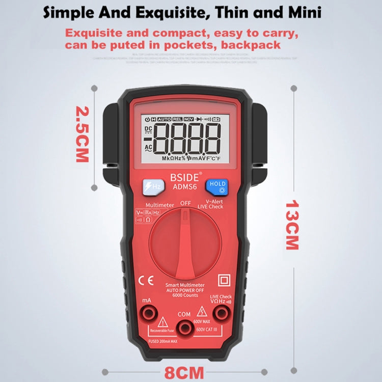 BSIDE ADMS6 High-precision Fully Automatic Small Digital Intelligent Multimeter with HD Digital Display & Shockproof Cover, Support Function Range Switch & Double-sided Pen Holder (Black) - Digital Multimeter by PMC TechLife | Online Shopping South Africa | PMC TechLife | Buy Now Pay Later Mobicred