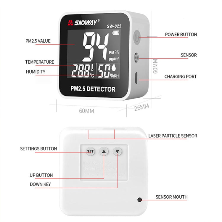 SNDWAY SW-825 Micro USB Charging Desktop Air Quality Real-time Purification Detector with HiD LED Screen, Support Alarm Prompt - free shipping - PMC Jewellery - Order now!