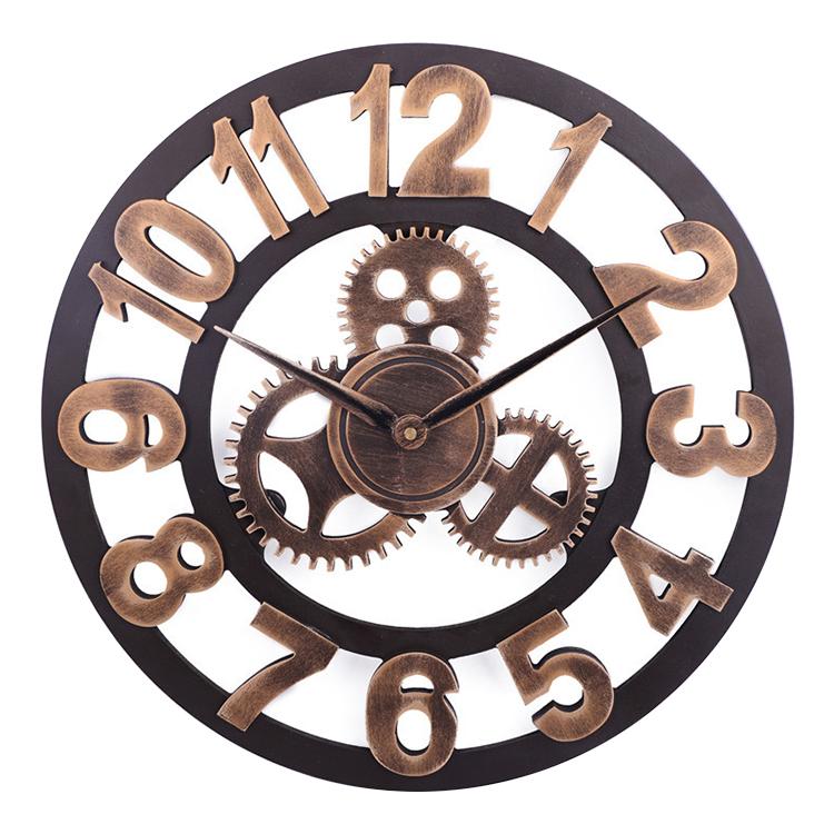 Retro Wooden Round Single-sided Gear Clock Arabic Number Wall Clock, Diameter: 35cm (Gold) - free shipping - PMC TechLife - Order now!