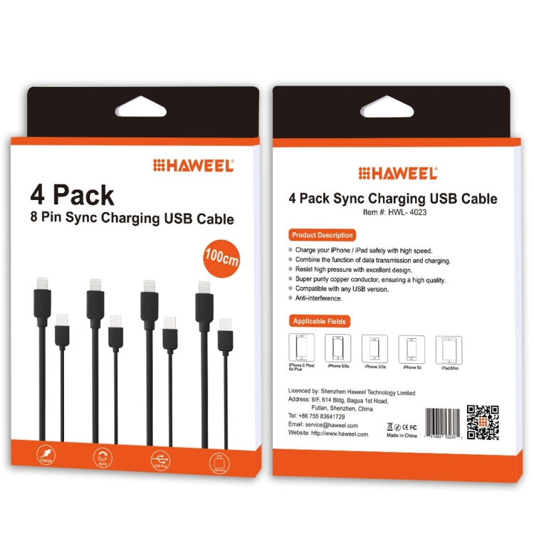 4 PCS HAWEEL 1m High Speed 8 pin to USB Sync and Charging Cable Kit for iPhone, iPad(Black) - Normal Style Cable by PMC Jewellery | Online Shopping South Africa | PMC Jewellery | Buy Now Pay Later Mobicred