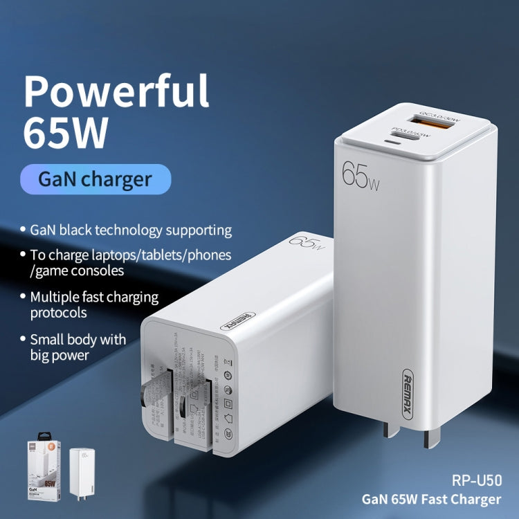 REMAX RP-U50 GaN  65W PD + QC 3.0 Type-C+ USB Port Fast Charger (US)(White) - USB Charger by REMAX | Online Shopping South Africa | PMC Jewellery | Buy Now Pay Later Mobicred