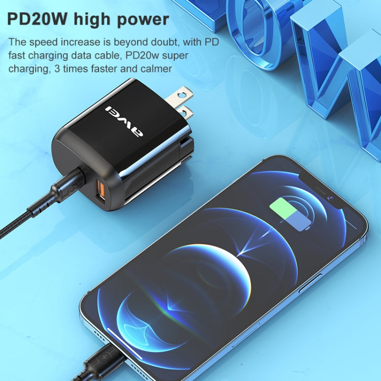 awei PD3 20W PD Type-C + QC 3.0 USB Interface Fast Charging Travel Charger with Data Cable, US Plug - USB Charger by awei | Online Shopping South Africa | PMC Jewellery | Buy Now Pay Later Mobicred