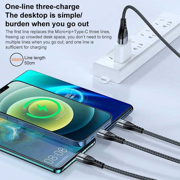 ADC-138 66W 3 in 1 USB to 8 Pin + Micro USB + USB-C / Type-C Fast Charging Braided Data Cable, Cable Length: 1.2m(Grey) - free shipping - PMC Jewellery - Order now!