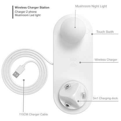 HQ-UD11 10W 4 in 1 Mobile Phone Fast Wireless Charger with Mushroom LED Light & Phone Holder, Length: 1.2m(White) - Multifunction Charger by PMC Jewellery | Online Shopping South Africa | PMC Jewellery | Buy Now Pay Later Mobicred