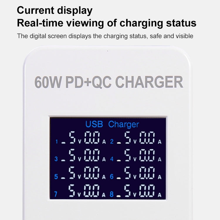 A8T 60W 8 Ports USB + QC3.0 + PD Type-C Smart Charging Station with Digital Display AC100-240V, UK Plug - Multifunction Charger by PMC Jewellery | Online Shopping South Africa | PMC Jewellery | Buy Now Pay Later Mobicred