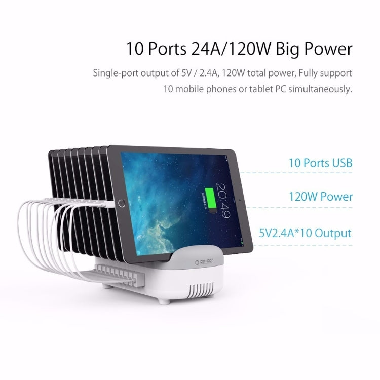 ORICO DUK-10P 120W 10 USB Ports Smart Charging Station with Phone & Tablet Stand, AU Plug(White) - Multifunction Charger by ORICO | Online Shopping South Africa | PMC Jewellery | Buy Now Pay Later Mobicred