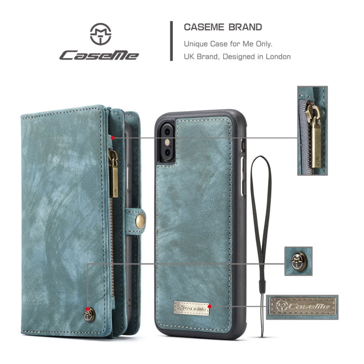 For iPhone X / XS CaseMe-008 TPU + PC Magnetic Absorption Detachable Back Cover Horizontal Flip Leather Case with Holder & Card Slots & Zipper Wallet & Photo Frame(Blue) - More iPhone Cases by CaseMe | Online Shopping South Africa | PMC Jewellery | Buy Now Pay Later Mobicred