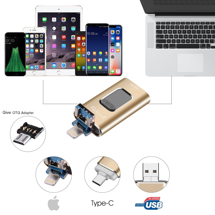 Richwell 3 in 1 16G Type-C + 8 Pin + USB 3.0 Metal Push-pull Flash Disk with OTG Function(Black) - free shipping - PMC Jewellery - Order now!