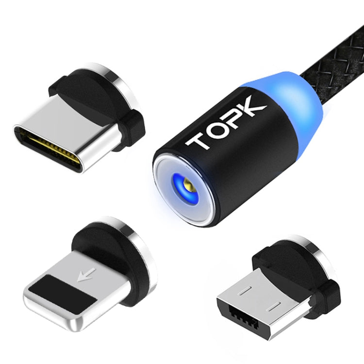 TOPK AM23 1m 2.1A Output USB to 8 Pin + USB-C / Type-C + Micro USB Mesh Braided Magnetic Charging Cable with LED Indicator(Black) - Charging Cable & Head by TOPK | Online Shopping South Africa | PMC Jewellery | Buy Now Pay Later Mobicred