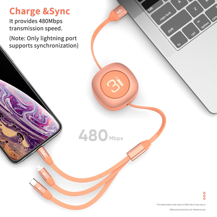 ROCK G3 5V 3.6A 3 in 1 8 Pin + Micro USB + USB-C / Type-C Retractable Fast Charging Data Cable, The Maximum Length: 1.2m(Black) - Multifunction Cable by ROCK | Online Shopping South Africa | PMC Jewellery | Buy Now Pay Later Mobicred