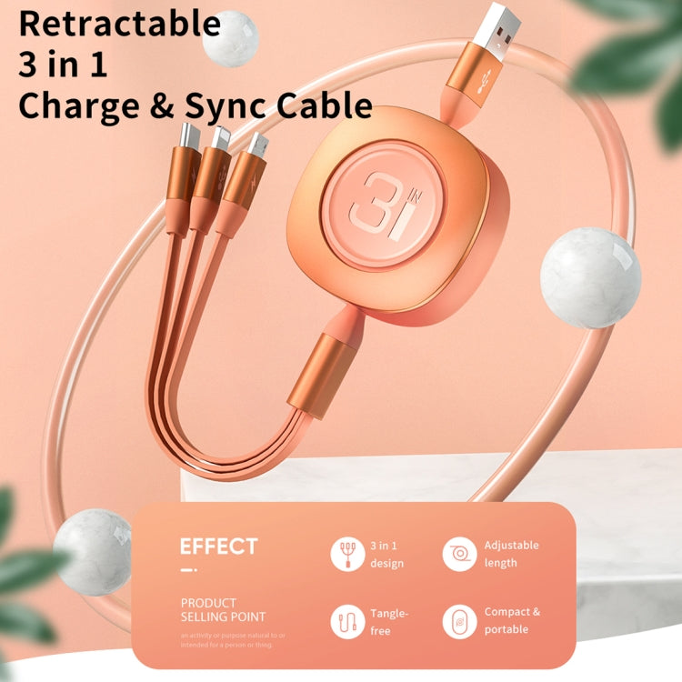 ROCK G3 5V 3.6A 3 in 1 8 Pin + Micro USB + USB-C / Type-C Retractable Fast Charging Data Cable, The Maximum Length: 1.2m(Black) - Multifunction Cable by ROCK | Online Shopping South Africa | PMC Jewellery | Buy Now Pay Later Mobicred