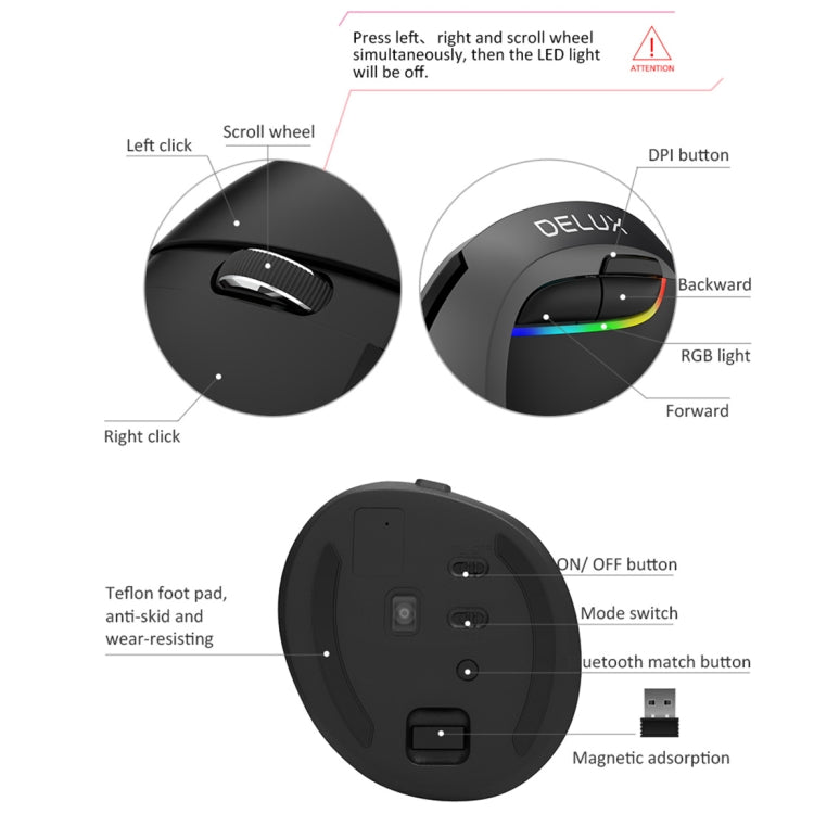 DELUX M618 Mini 2.4G Wireless 2400DPI USB Rechargeable Ergonomic Vertical Mouse(Grey) - free shipping - PMC Jewellery - Order now!