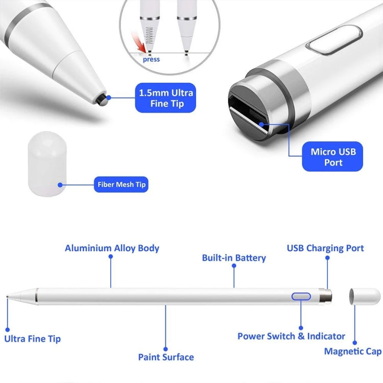 Pencil Universal Rechargeable Active Capacitive Stylus Pen with Magnetic Cap(White) - Stylus Pen by PMC TechLife | Online Shopping South Africa | PMC TechLife | Buy Now Pay Later Mobicred