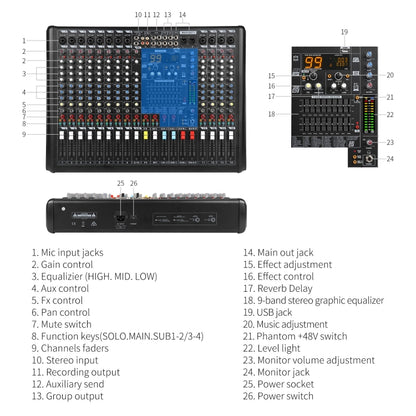 XTUGA B1404FX 14 Channels Bluetooth Audio Mixer Digital DJ Controller Sound Mixing Console (AU Plug) - Live Sound Effects Processors by XTUGA | Online Shopping South Africa | PMC Jewellery | Buy Now Pay Later Mobicred