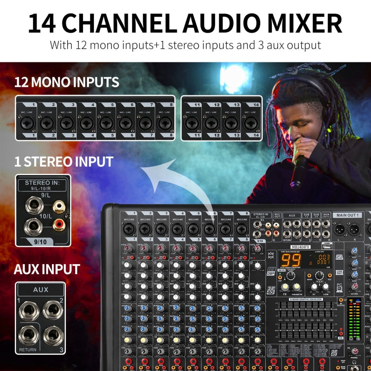 XTUGA B1404FX 14 Channels Bluetooth Audio Mixer Digital DJ Controller Sound Mixing Console (AU Plug) - Live Sound Effects Processors by XTUGA | Online Shopping South Africa | PMC Jewellery | Buy Now Pay Later Mobicred