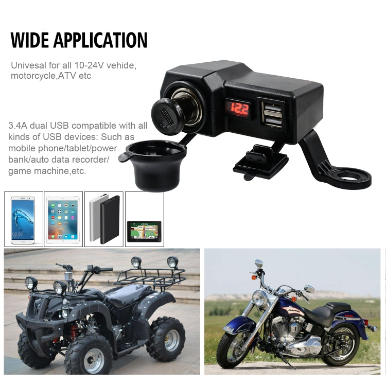 CS-1072B1 Motorcycle Dual USB Charger + Voltmeter with Cigarette Lighter & Cigarette Butts (Black) - Battery Charger by PMC Jewellery | Online Shopping South Africa | PMC Jewellery | Buy Now Pay Later Mobicred