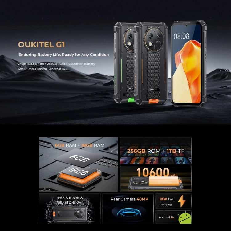 Oukitel G1 Rugged Phone, 6GB+256GB, Fingerprint Identification, 6.52 inch Android 14 T606 Octa Core, NFC, OTG, Network: 4G (Grey) - OUKITEL by OUKITEL | Online Shopping South Africa | PMC Jewellery | Buy Now Pay Later Mobicred