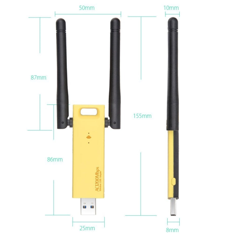 AC1200Mbps 2.4GHz & 5GHz Dual Band USB 3.0 WiFi Adapter External Network Card with 2 External Antenna(Yellow) - USB Network Adapter by PMC Jewellery | Online Shopping South Africa | PMC Jewellery | Buy Now Pay Later Mobicred