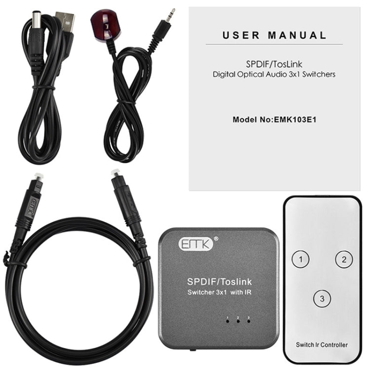 EMK SPDIF/TosLink Digital Optical Audio 3x1 Switcher with IR Controller (Grey) - free shipping - PMC Jewellery - Order now!