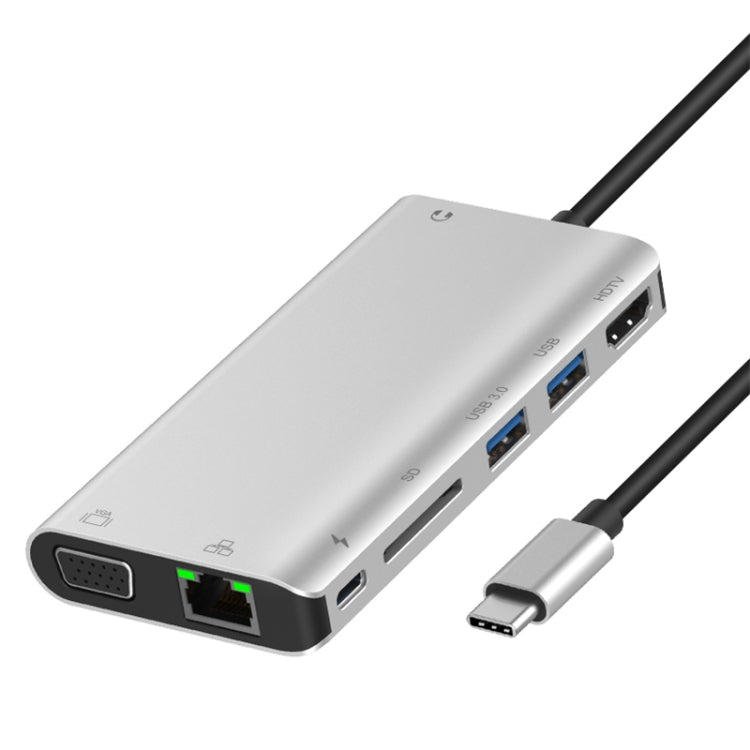 Onten 9591BD 8 in 1 USB-C / Type-C to PD USB-C / Type-C Charging + 100M Ethernet Port + Dual USB 3.0 + HDMI + VGA + SD Card Slot + 3.5mm AUX HUB (Silver) - free shipping - PMC Jewellery - Order now!