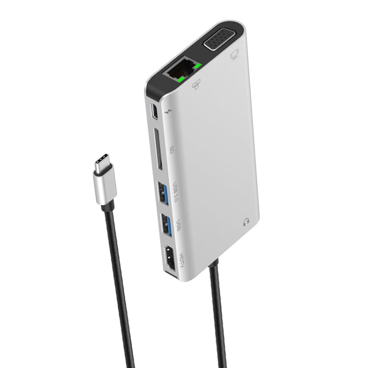 Onten 9591BD 8 in 1 USB-C / Type-C to PD USB-C / Type-C Charging + 100M Ethernet Port + Dual USB 3.0 + HDMI + VGA + SD Card Slot + 3.5mm AUX HUB (Silver) - free shipping - PMC Jewellery - Order now!