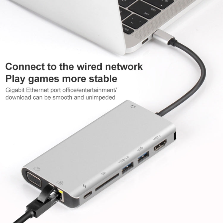 Onten 9591BD 8 in 1 USB-C / Type-C to PD USB-C / Type-C Charging + 100M Ethernet Port + Dual USB 3.0 + HDMI + VGA + SD Card Slot + 3.5mm AUX HUB (Silver) - free shipping - PMC Jewellery - Order now!
