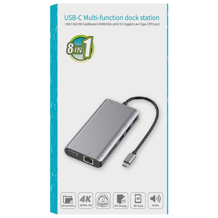 Onten 9591BD 8 in 1 USB-C / Type-C to PD USB-C / Type-C Charging + 100M Ethernet Port + Dual USB 3.0 + HDMI + VGA + SD Card Slot + 3.5mm AUX HUB (Silver) - free shipping - PMC Jewellery - Order now!
