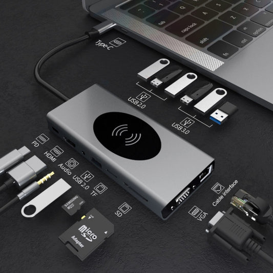 Basix T15 15 in 1 USB-C / Type-C to HDMI + VGA + USB 3.0x4 + USB 2.0x3 + SD + TF + RJ45 + PD + 3.5 Audio + 10W Converter - USB HUB by basix | Online Shopping South Africa | PMC Jewellery | Buy Now Pay Later Mobicred