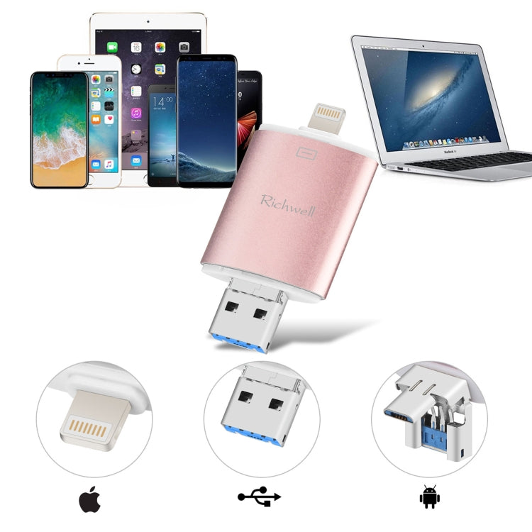 Richwell 3 in 1 64G Type-C + 8 Pin + USB 3.0 Metal Double Cover Push-pull Flash Disk with OTG Function(Gold) - U Disk & Card Reader by Richwell | Online Shopping South Africa | PMC Jewellery | Buy Now Pay Later Mobicred