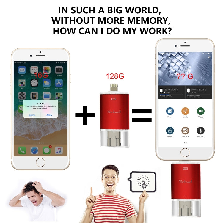 Richwell 3 in 1 16G Type-C + 8 Pin + USB 3.0 Metal Double Cover Push-pull Flash Disk with OTG Function(Black) - free shipping - PMC Jewellery - Order now!