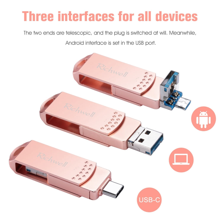 Richwell 3 in 1 16G Type-C + Micro USB + USB 3.0 Metal Flash Disk with OTG Function(Rose Gold) - U Disk & Card Reader by Richwell | Online Shopping South Africa | PMC Jewellery | Buy Now Pay Later Mobicred