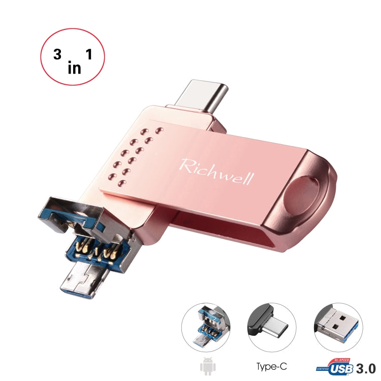 Richwell 3 in 1 32G Type-C + Micro USB + USB 3.0 Metal Flash Disk with OTG Function(Rose Gold) - U Disk & Card Reader by Richwell | Online Shopping South Africa | PMC Jewellery | Buy Now Pay Later Mobicred