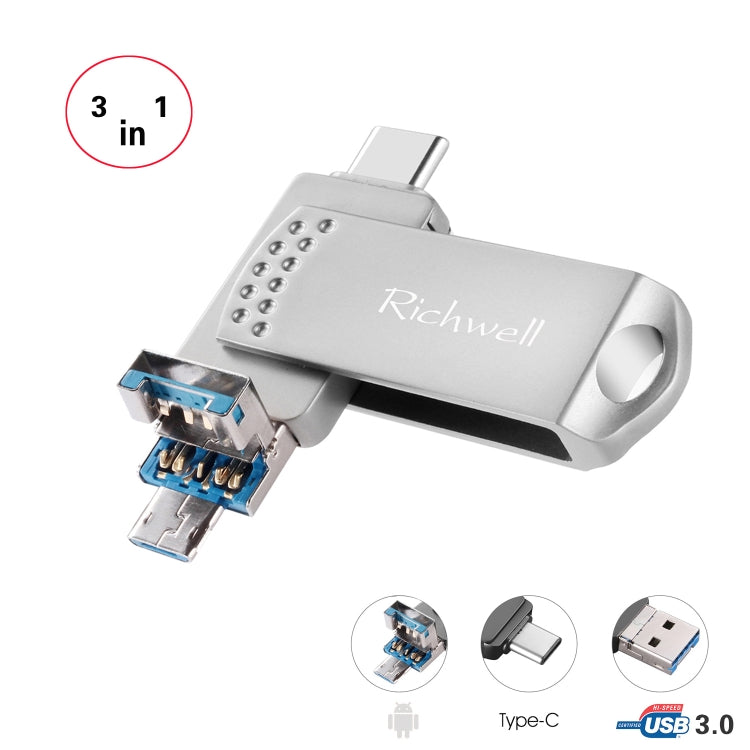 Richwell 3 in 1 128G Type-C + Micro USB + USB 3.0 Metal Flash Disk with OTG Function(Silver) - free shipping - PMC Jewellery - Order now!