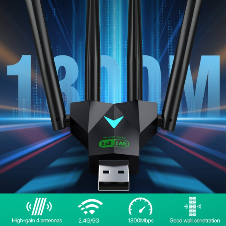 1300Mbps 5G Wireless Network Card Gigabit Dual Band Driver-free USB WiFi Receiver - USB Network Adapter by PMC TechLife | Online Shopping South Africa | PMC TechLife | Buy Now Pay Later Mobicred