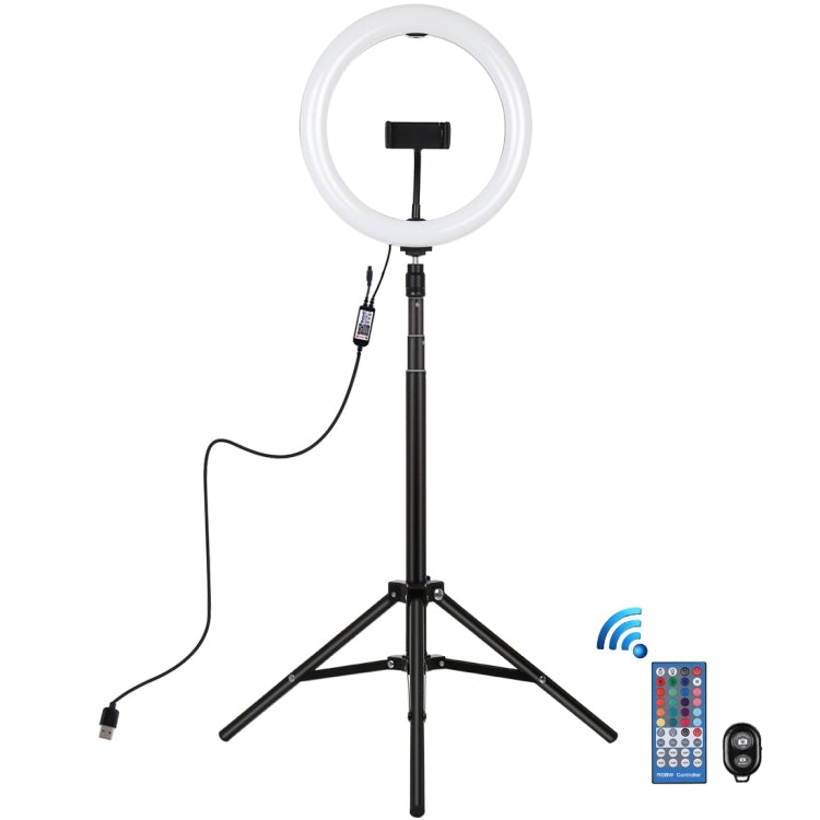 PULUZ 10.2 inch 26cm RGBW Light + 1.65m Tripod Mount Curved Surface USB RGBW Dimmable LED Ring Vlogging Video Light Live Broadcast Kits with Cold Shoe Tripod Ball Head & Phone Clamp & Remote Control(Black) - Ring Light by PULUZ | Online Shopping South Africa | PMC Jewellery | Buy Now Pay Later Mobicred